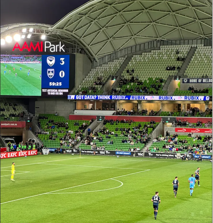 RUBIX signage on the LED boards at AAMI Park during a Melbourne Victory match